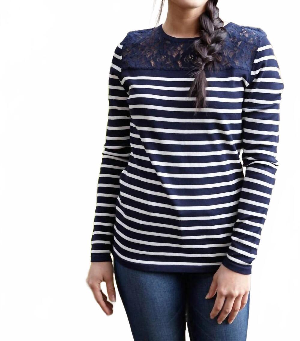 NEW PAPILLON striped lace yoke top in navy/ white